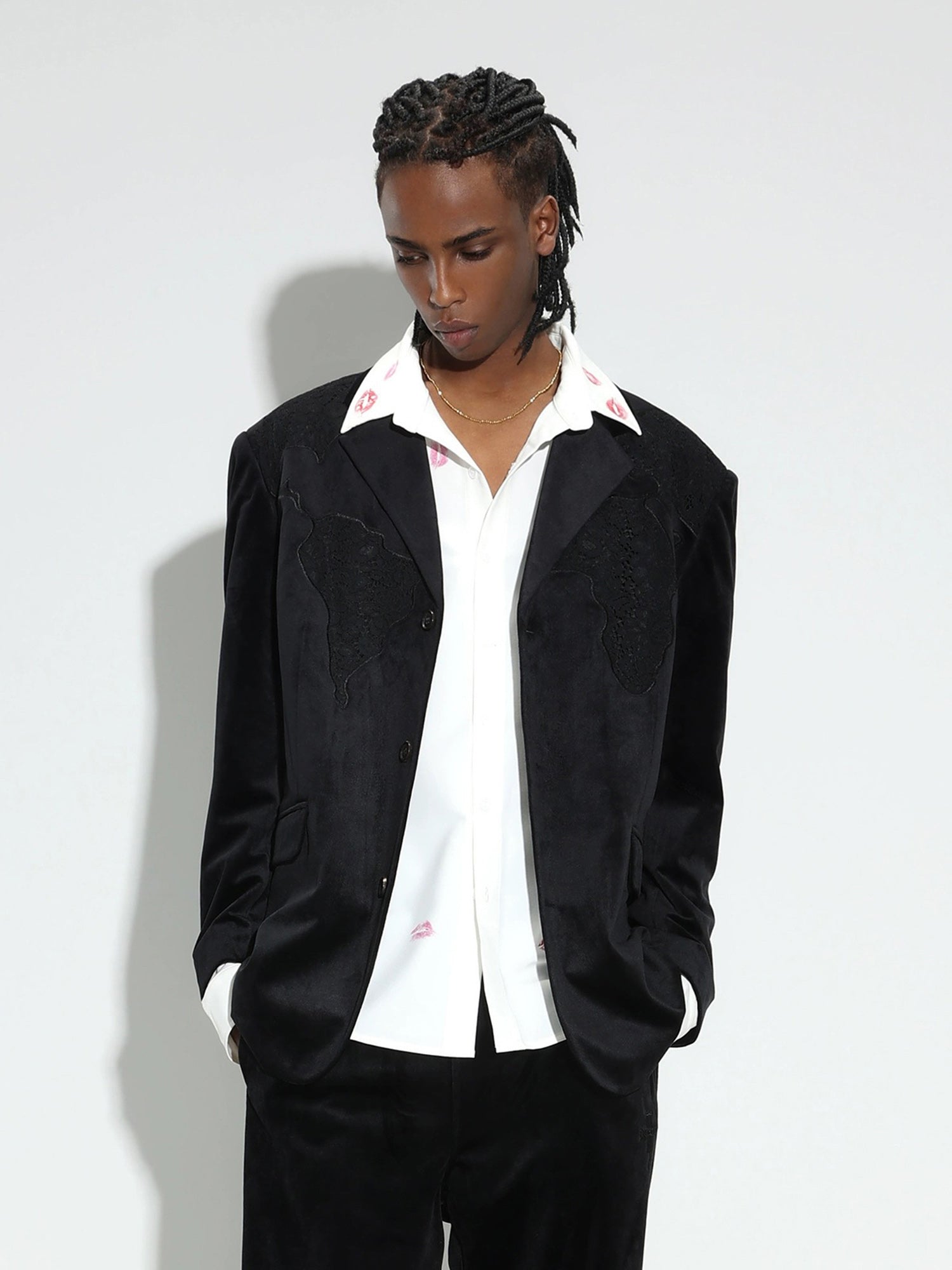 BLACK BLAZER WITH DECORATIVE TRIM - LOGO VELVET SUIT