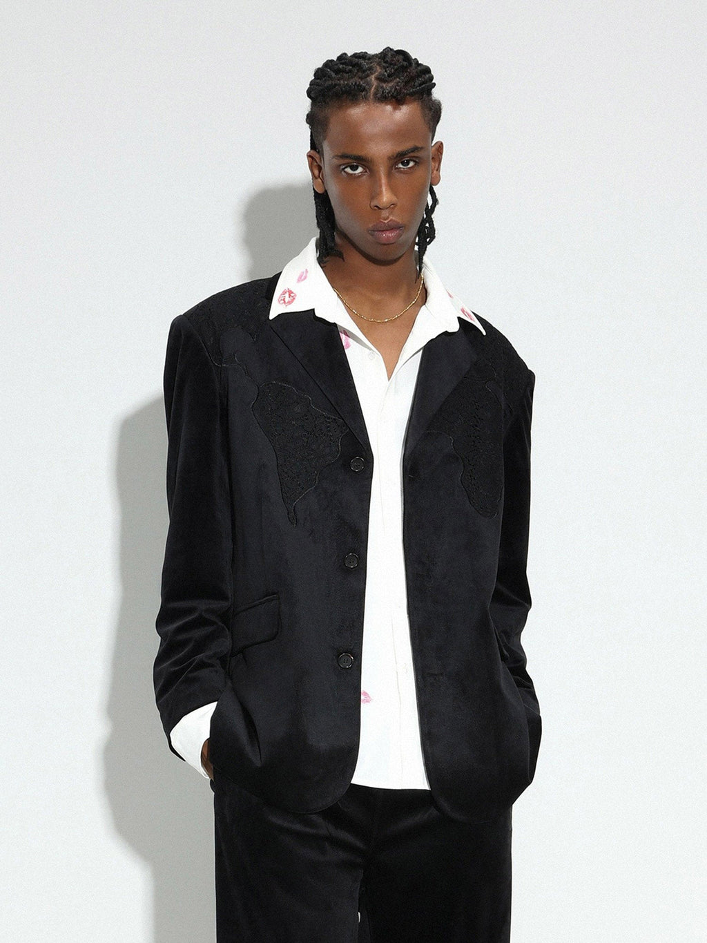 BLACK BLAZER WITH DECORATIVE TRIM - LOGO VELVET SUIT