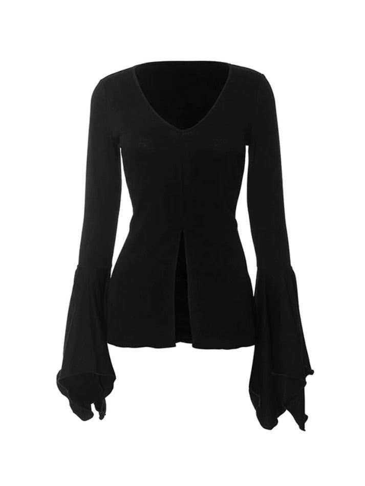 BLACK BLOUSE WITH SLIT TRUMPET SLEEVES