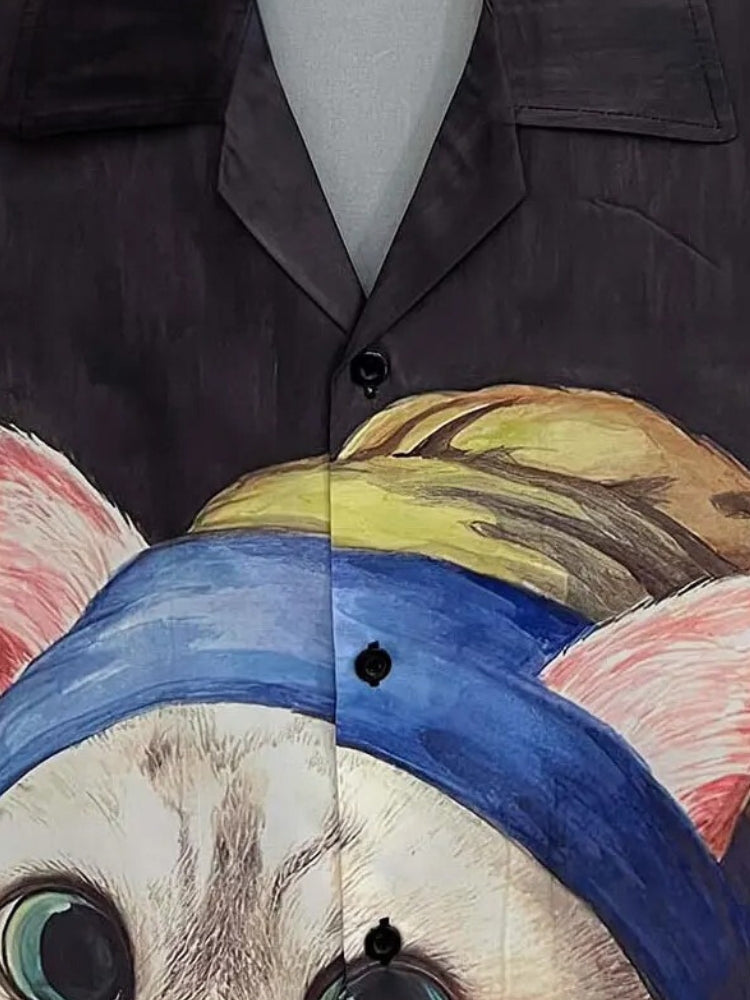 BLACK BUTTON-DOWN SHIRT WITH CAT DESIGN - MILKCAT STREETWEAR TEE