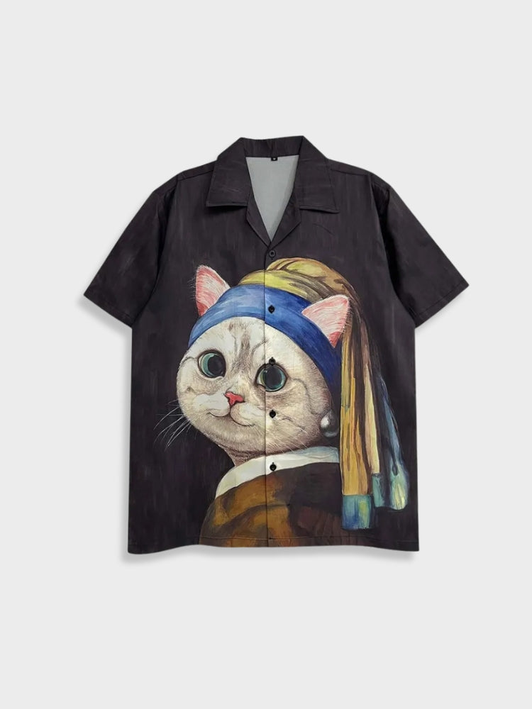 BLACK BUTTON-DOWN SHIRT WITH CAT DESIGN - MILKCAT STREETWEAR TEE