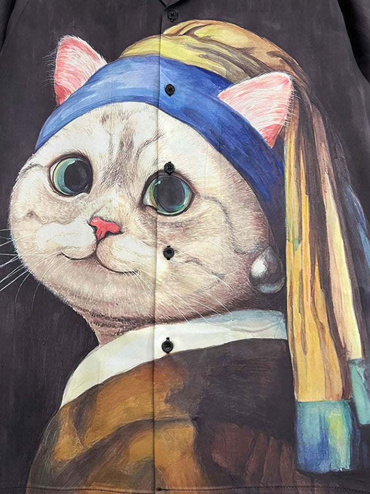 BLACK BUTTON-DOWN SHIRT WITH CAT DESIGN - MILKCAT STREETWEAR TEE