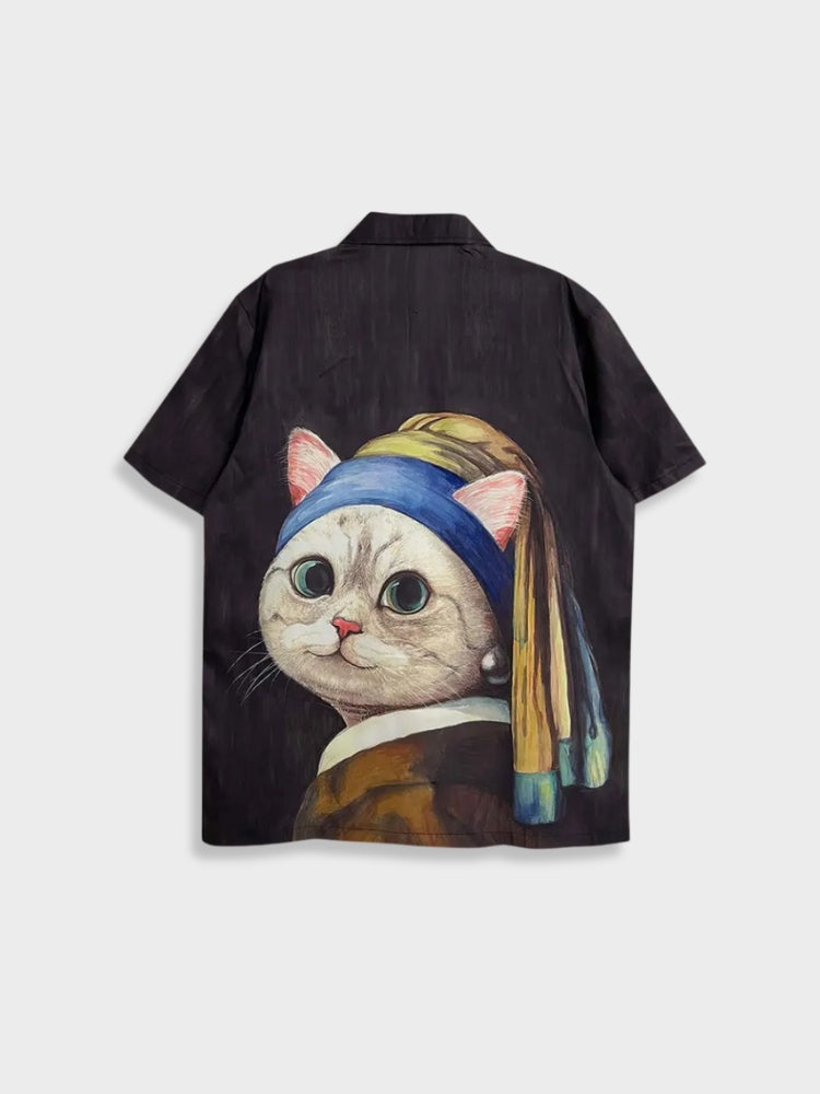 BLACK BUTTON-DOWN SHIRT WITH CAT DESIGN - MILKCAT STREETWEAR TEE