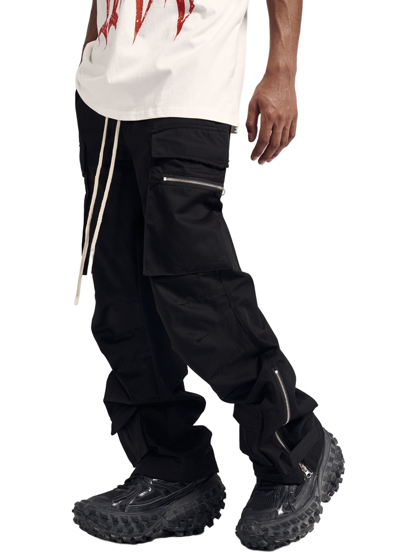 BLACK CARGO PANTS REGULAR FIT TAPERED LEG DESIGN