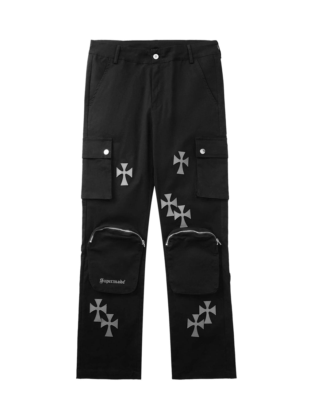 BLACK CARGO PANTS WITH CROSS DESIGNS IN MID WAIST STRAIGHT LEG STYLE