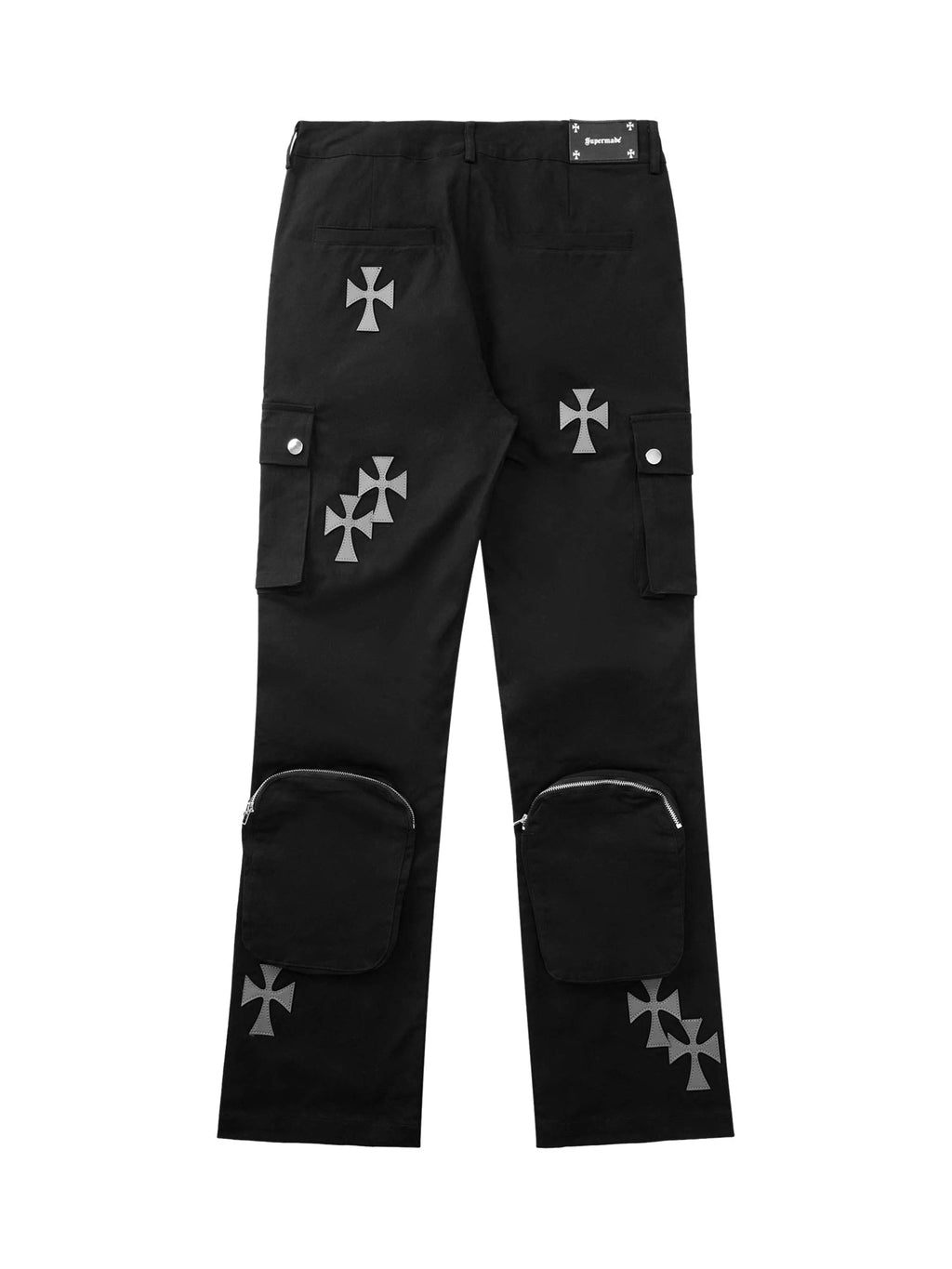 BLACK CARGO PANTS WITH CROSS DESIGNS IN MID WAIST STRAIGHT LEG STYLE