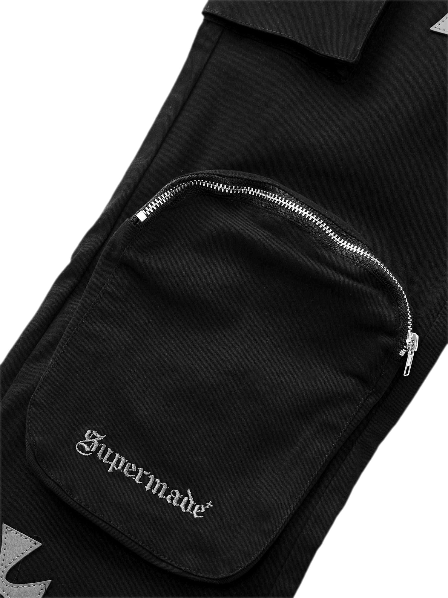 BLACK CARGO PANTS WITH CROSS DESIGNS IN MID WAIST STRAIGHT LEG STYLE