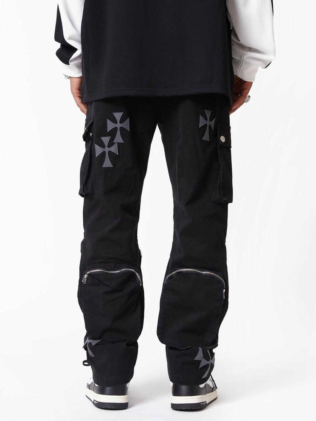 BLACK CARGO PANTS WITH CROSS DESIGNS IN MID WAIST STRAIGHT LEG STYLE