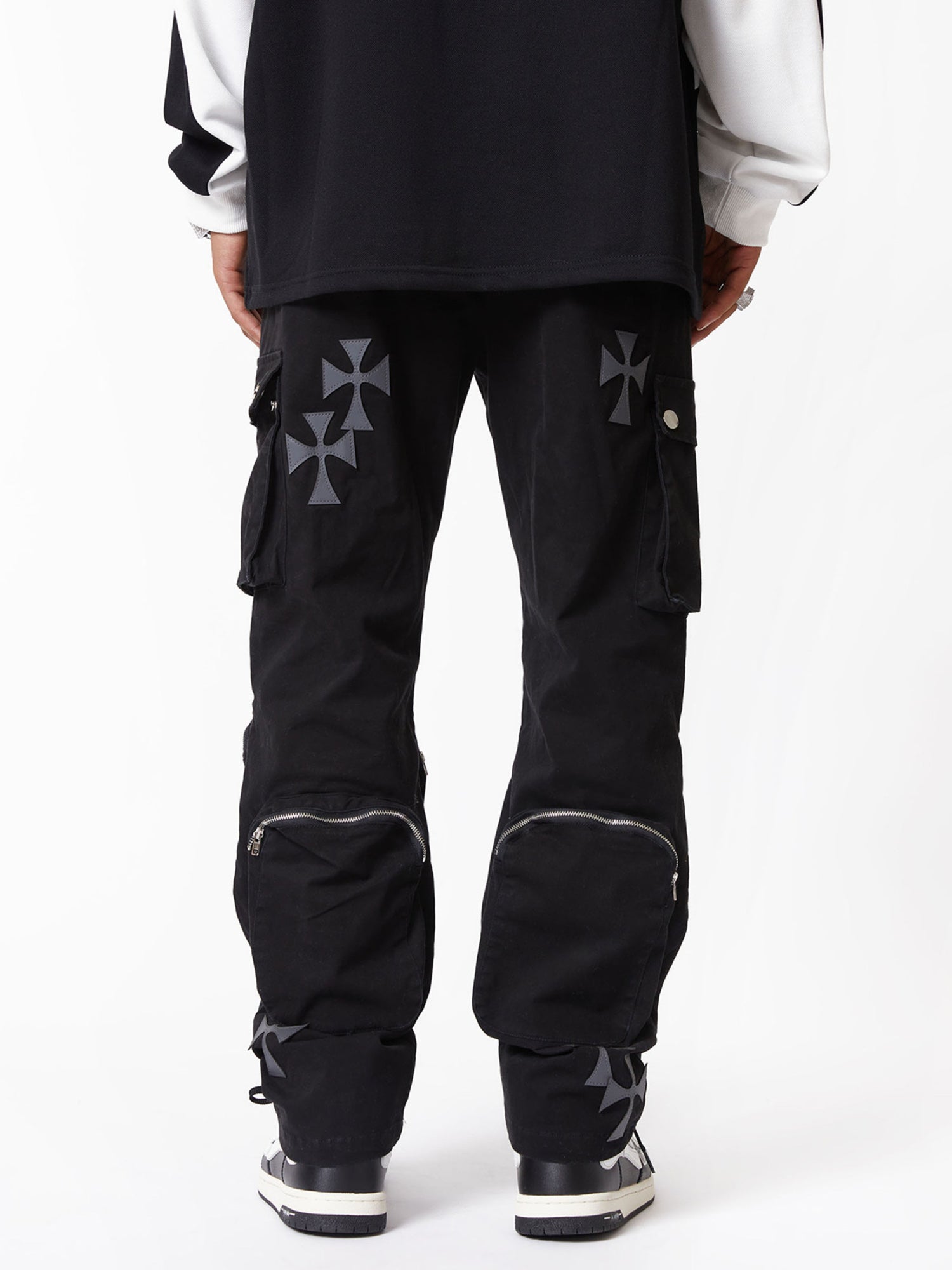 BLACK CARGO PANTS WITH CROSS DESIGNS IN MID WAIST STRAIGHT LEG STYLE