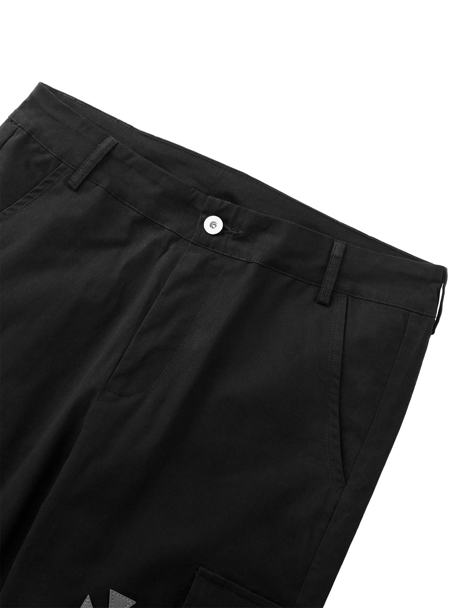 BLACK CARGO PANTS WITH CROSS DESIGNS IN MID WAIST STRAIGHT LEG STYLE
