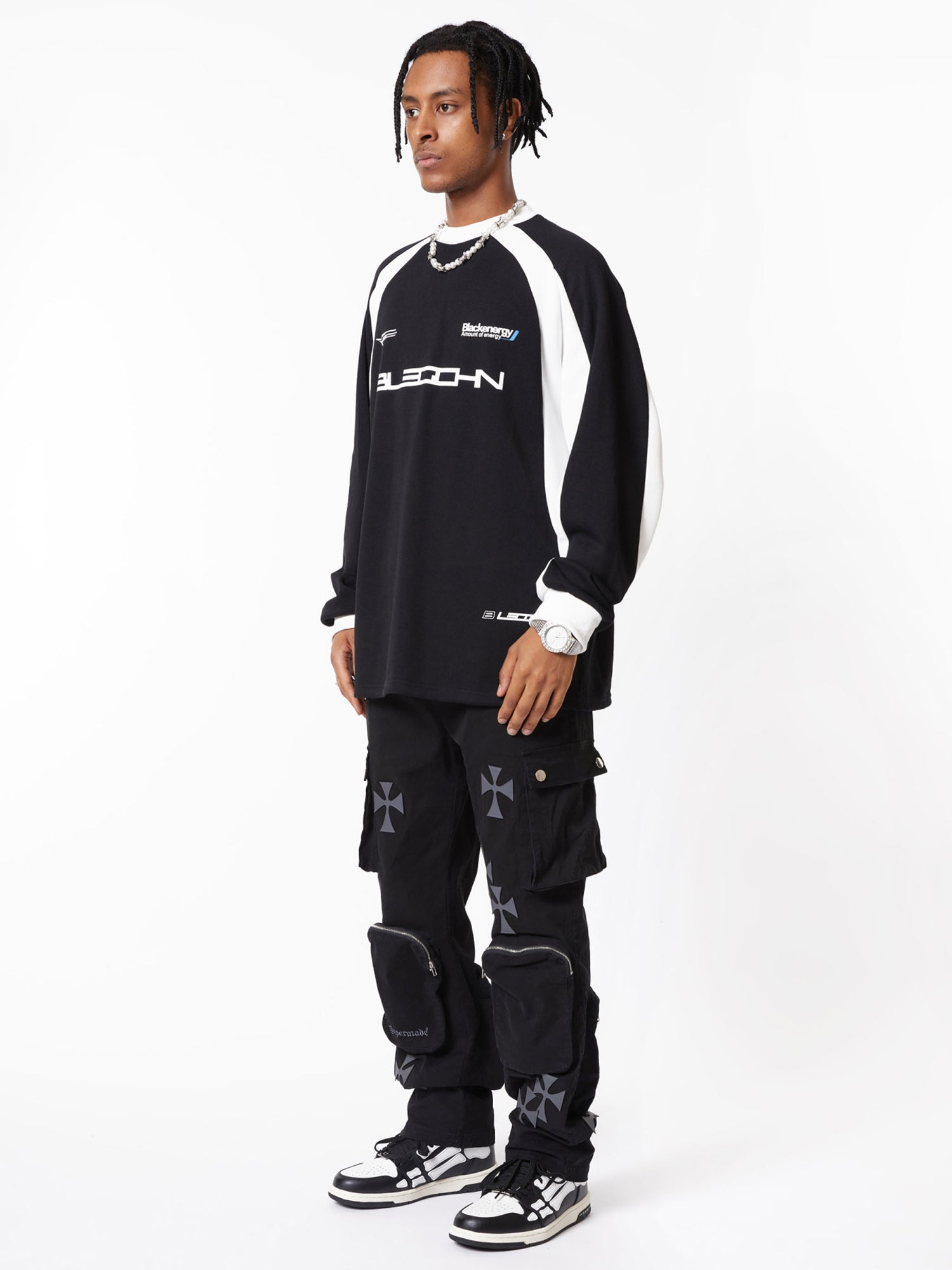 BLACK CARGO PANTS WITH CROSS DESIGNS IN MID WAIST STRAIGHT LEG STYLE