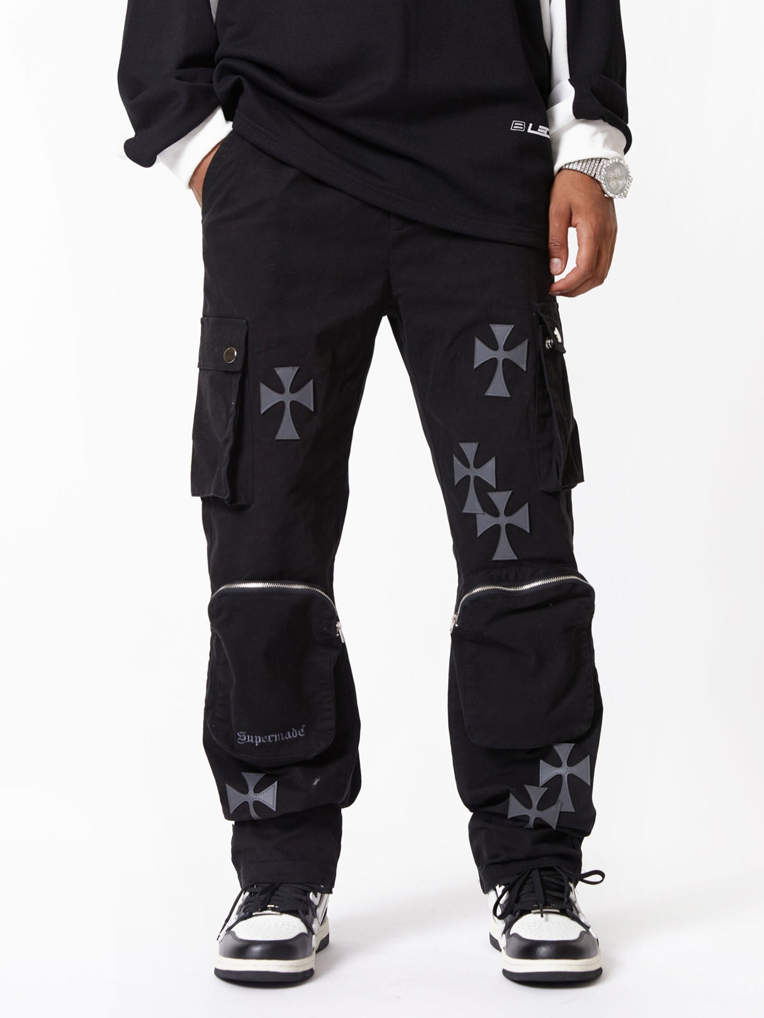 BLACK CARGO PANTS WITH CROSS DESIGNS IN MID WAIST STRAIGHT LEG STYLE