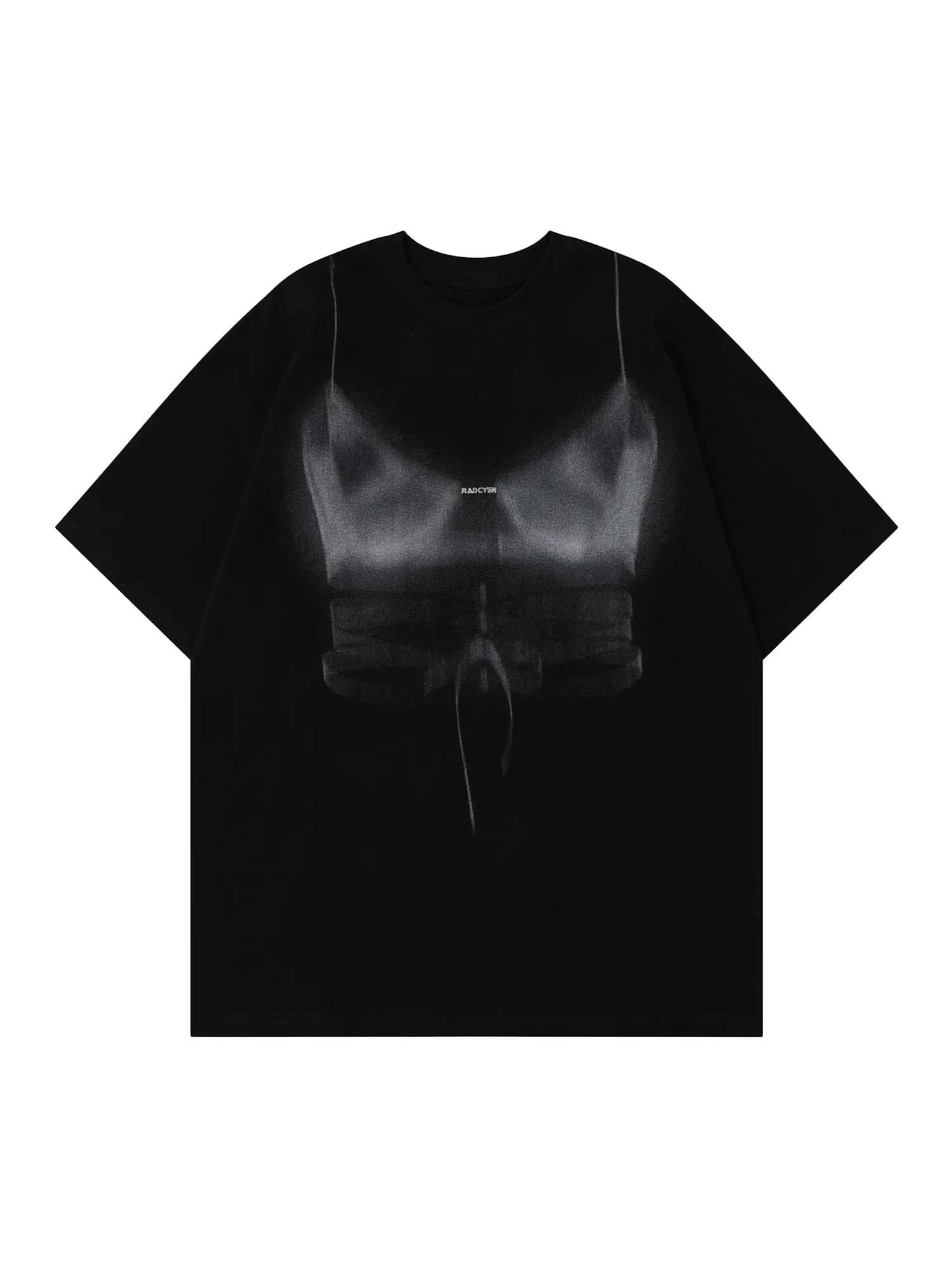 BLACK CORSET DESIGN T-SHIRT WITH ROUND COLLAR SPRING PRINT PULLOVER