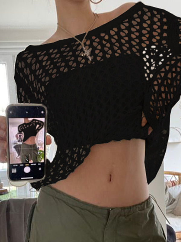 BLACK CROCHETED CROP TOP WITH SEXY HOLLOW CROCHET DETAILS