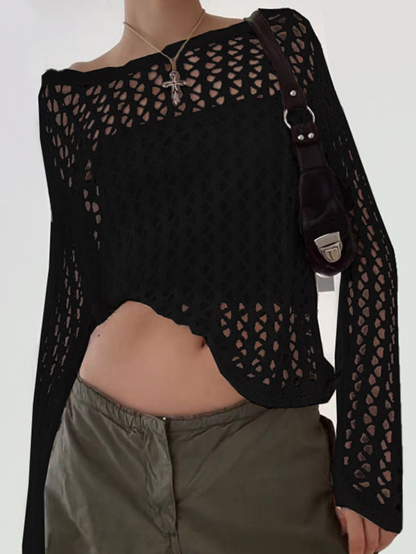 BLACK CROCHETED CROP TOP WITH SEXY HOLLOW CROCHET DETAILS