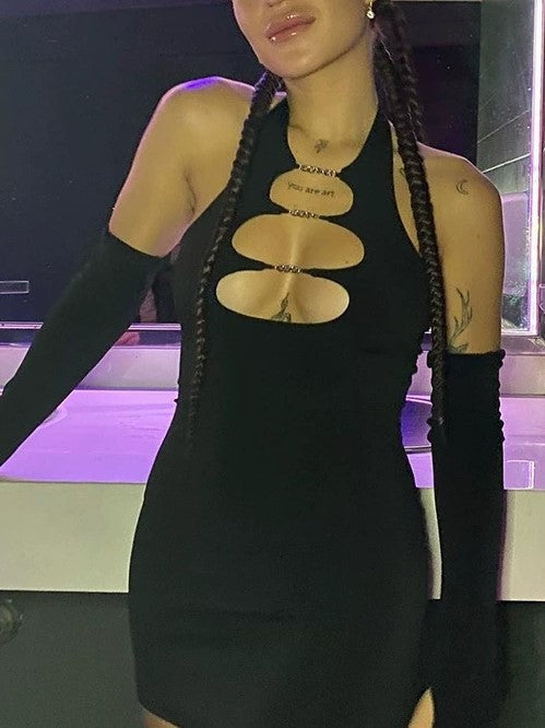 BLACK CUT-OUT MINI DRESS SLIM FIT MINI DRESS