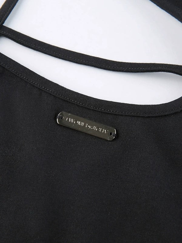 BLACK CUTOUT CROP TOP WITH DISTRESSED DENIM JACKET