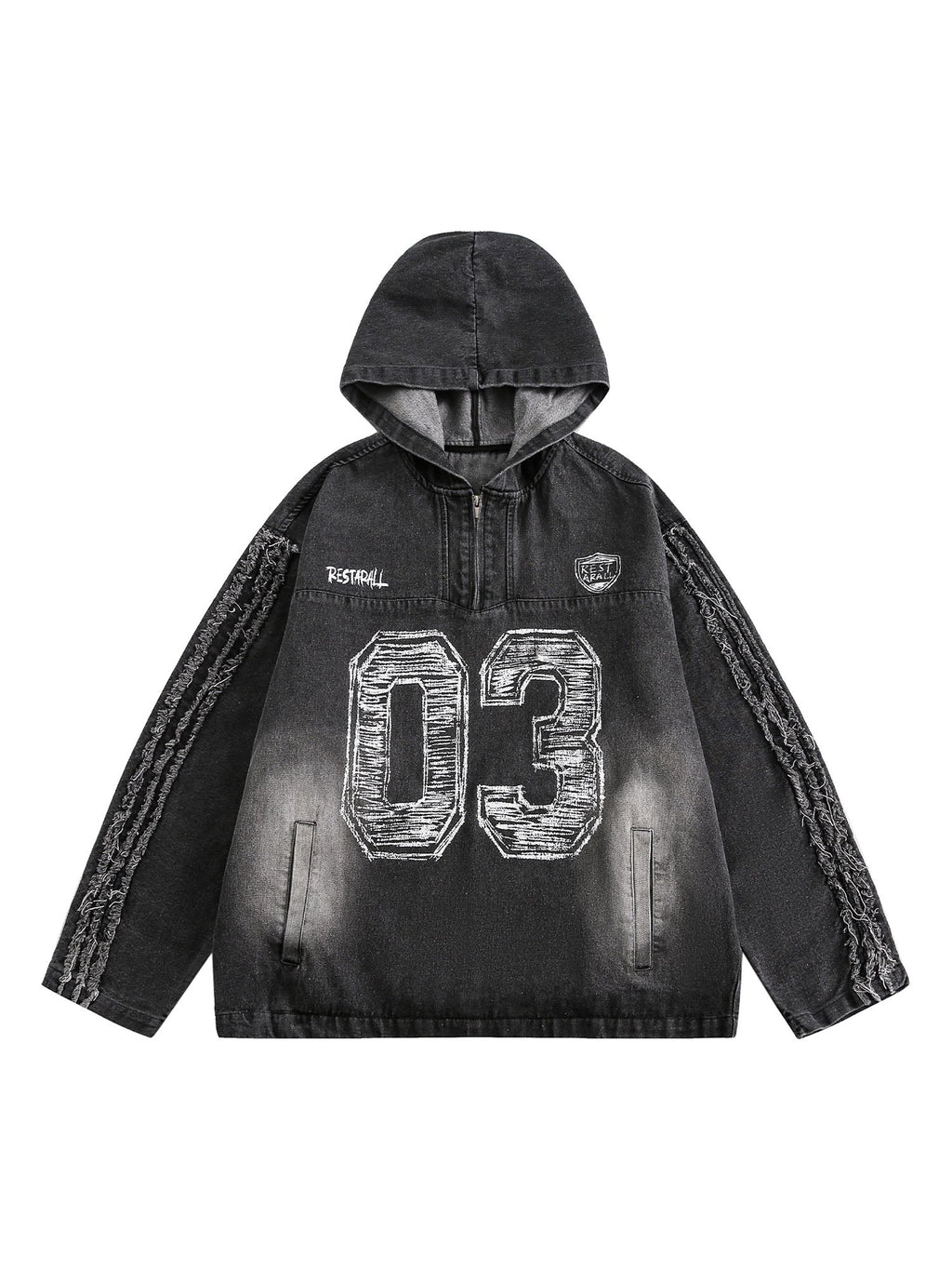 BLACK DENIM HOODIE WITH 03 GRAPHIC LONG SLEEVE HALF PLACKET DESIGN