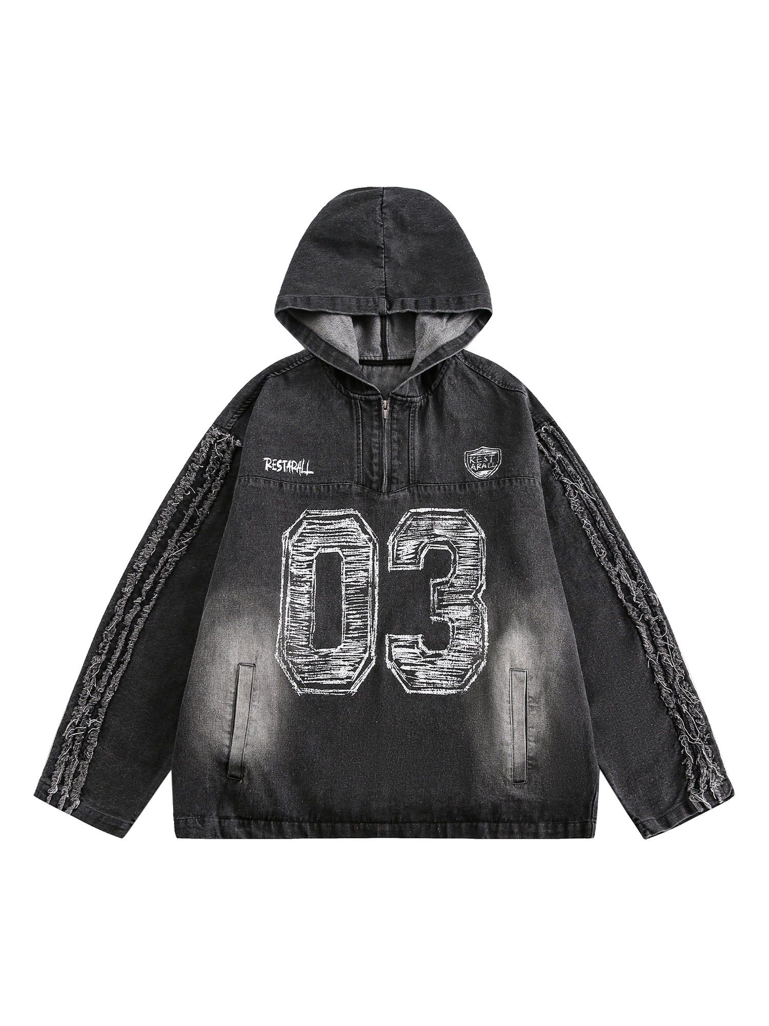 BLACK DENIM HOODIE WITH 03 GRAPHIC LONG SLEEVE HALF PLACKET DESIGN