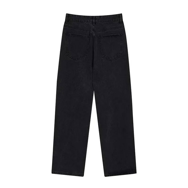 BLACK DENIM PANTS WITH FLAME CUTOUTS PENTALON MOTIF PANTS