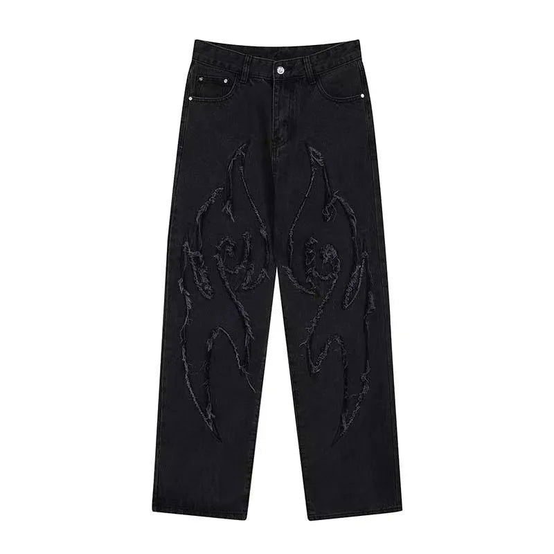 BLACK DENIM PANTS WITH FLAME CUTOUTS PENTALON MOTIF PANTS