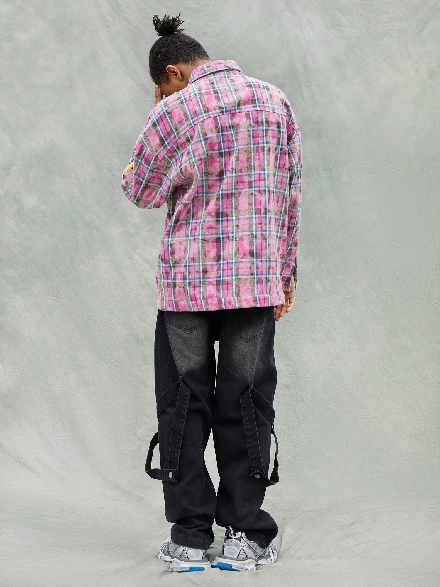 BLACK DENIM PANTS WITH SIDE STRAPS WASHED RIPPED DENIM