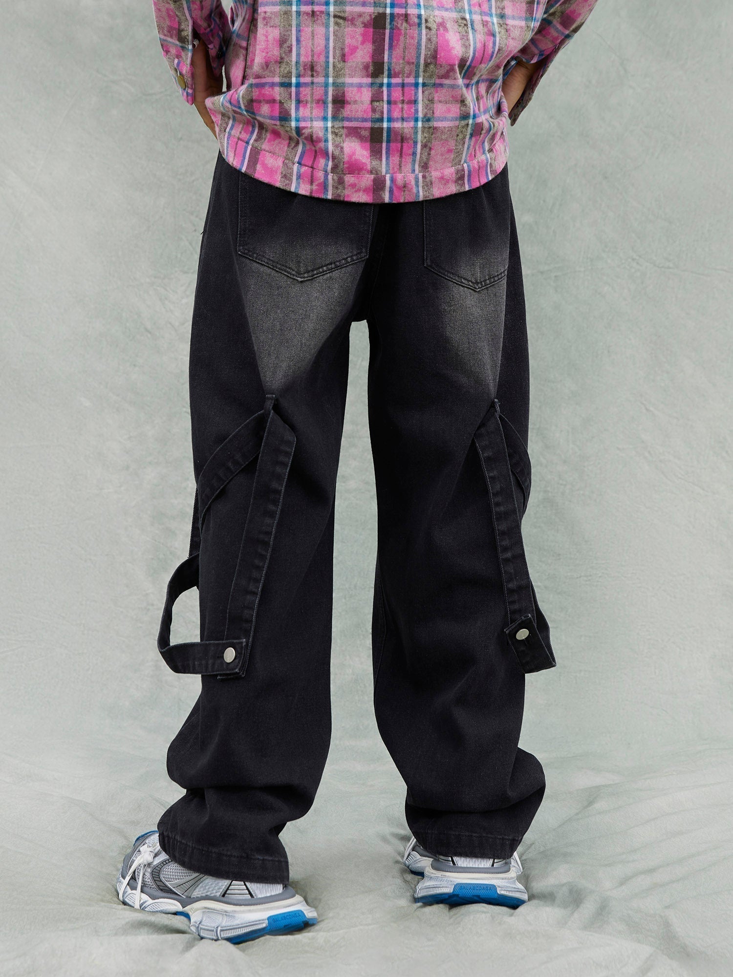 BLACK DENIM PANTS WITH SIDE STRAPS WASHED RIPPED DENIM