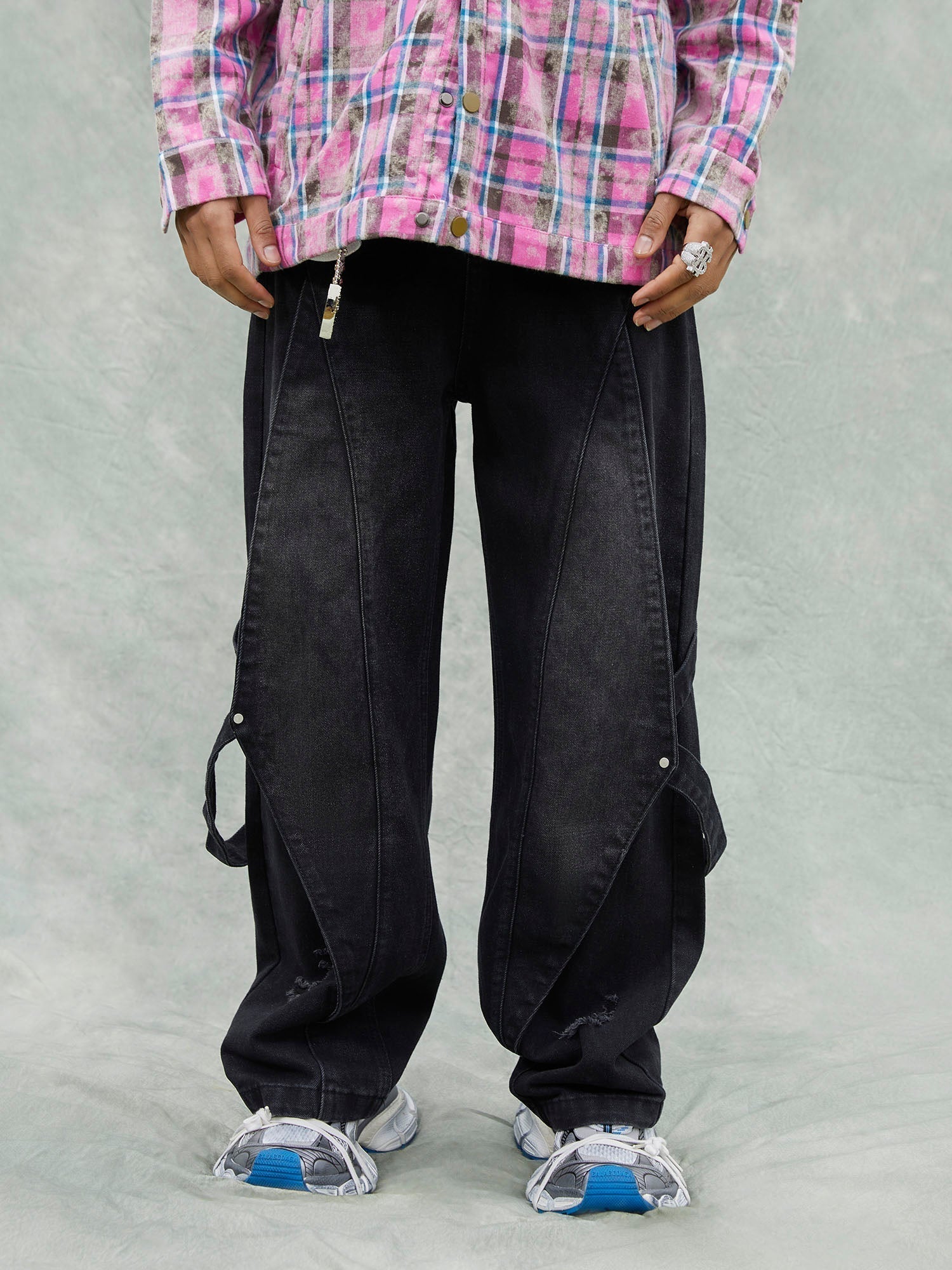 BLACK DENIM PANTS WITH SIDE STRAPS WASHED RIPPED DENIM