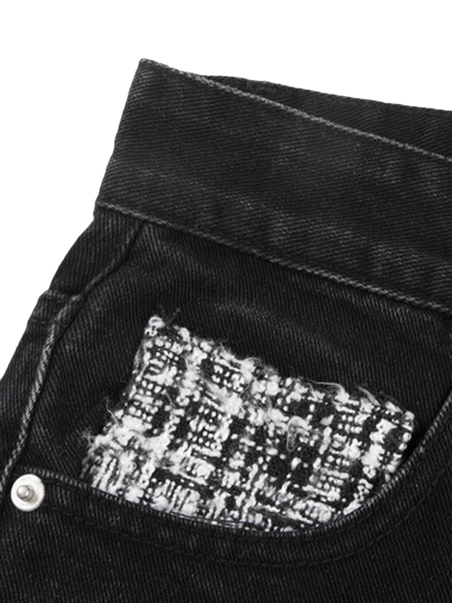 BLACK DENIM PATCHWORK JEANS WITH INKED DETAILS