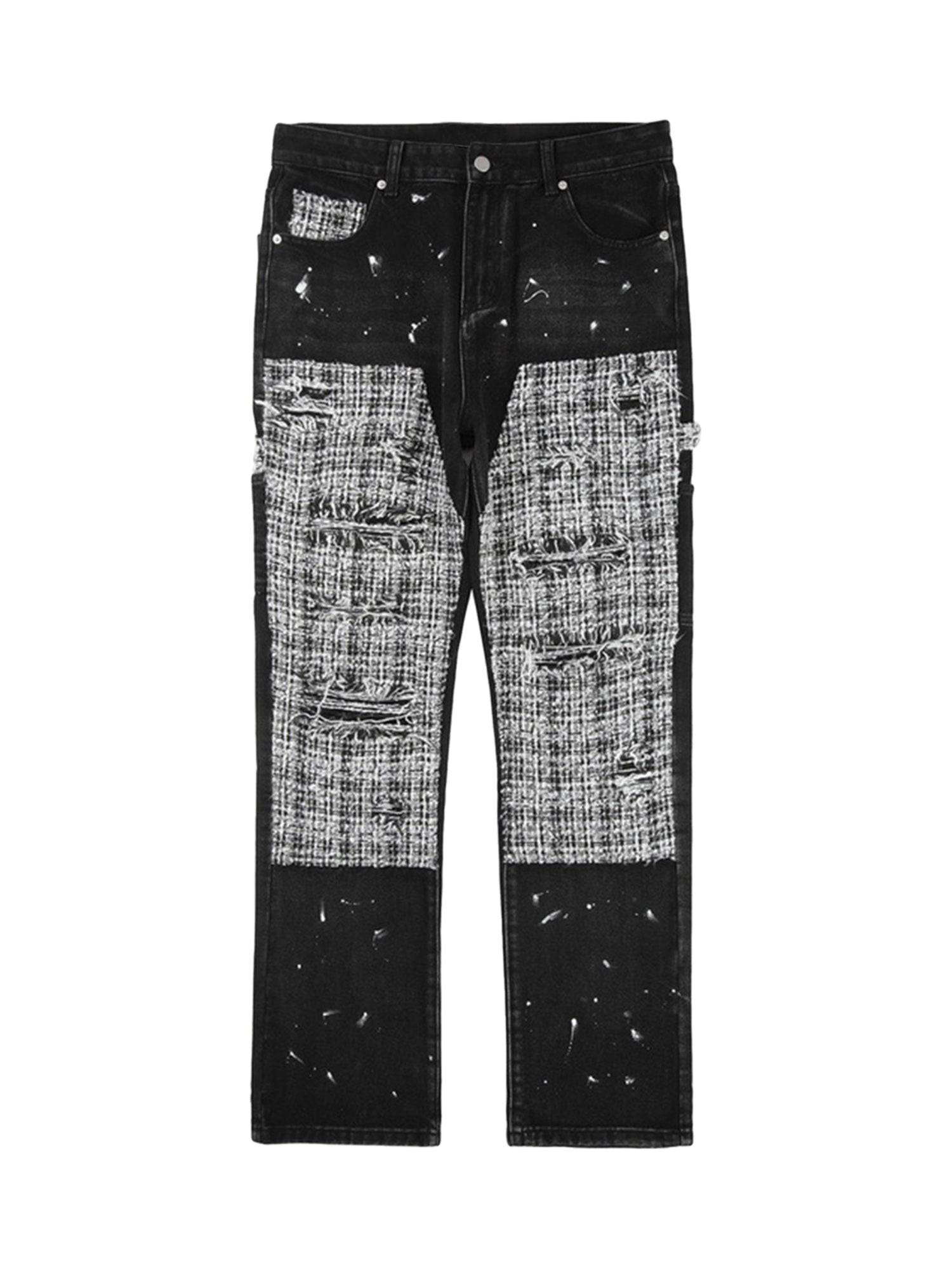 BLACK DENIM PATCHWORK JEANS WITH INKED DETAILS