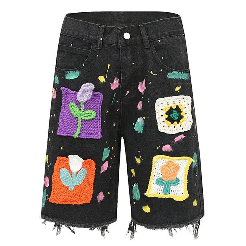 BLACK DENIM SHORTS WITH CROCHET PATCHES - STYLISH PATCH JORTS