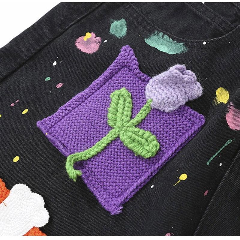 BLACK DENIM SHORTS WITH CROCHET PATCHES - STYLISH PATCH JORTS