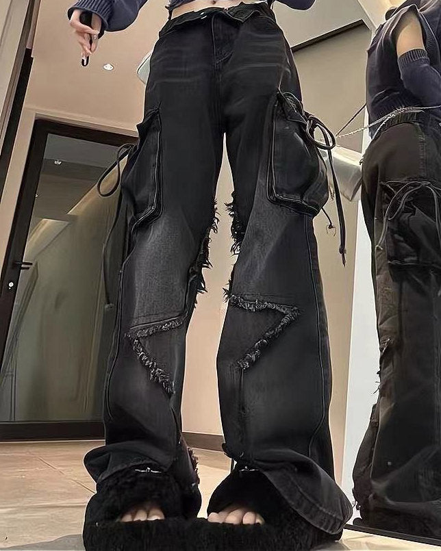 BLACK DISTRESSED CARGO PANTS FOR MEN