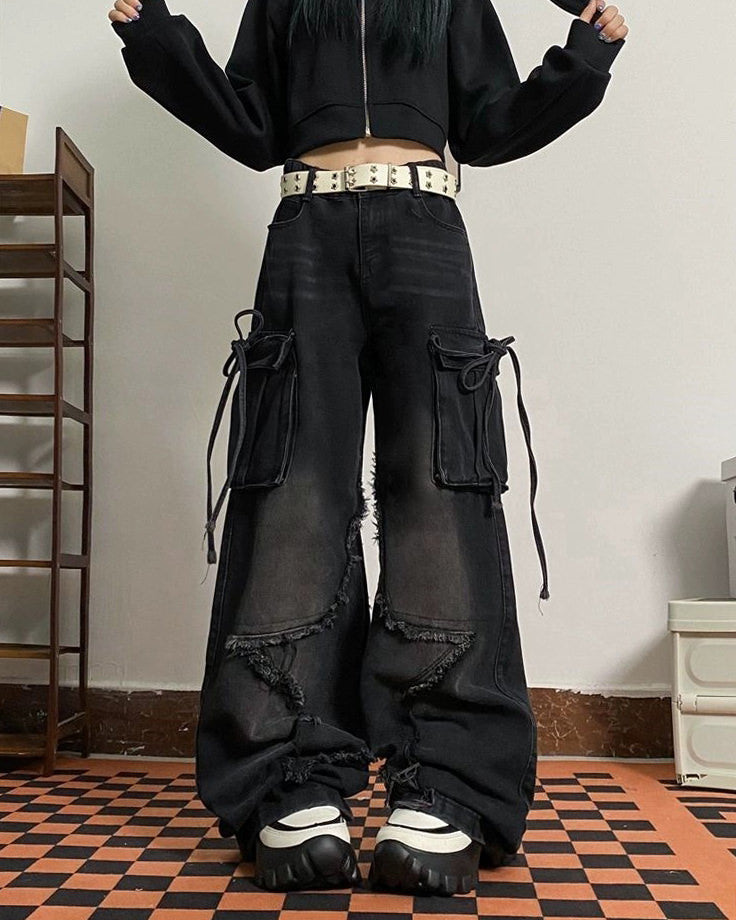 BLACK DISTRESSED CARGO PANTS FOR MEN
