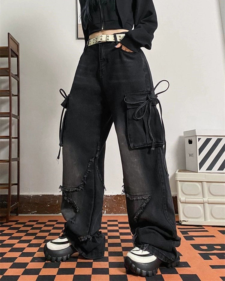 BLACK DISTRESSED CARGO PANTS FOR MEN