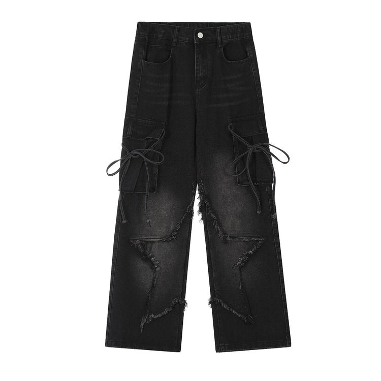 BLACK DISTRESSED CARGO PANTS FOR MEN