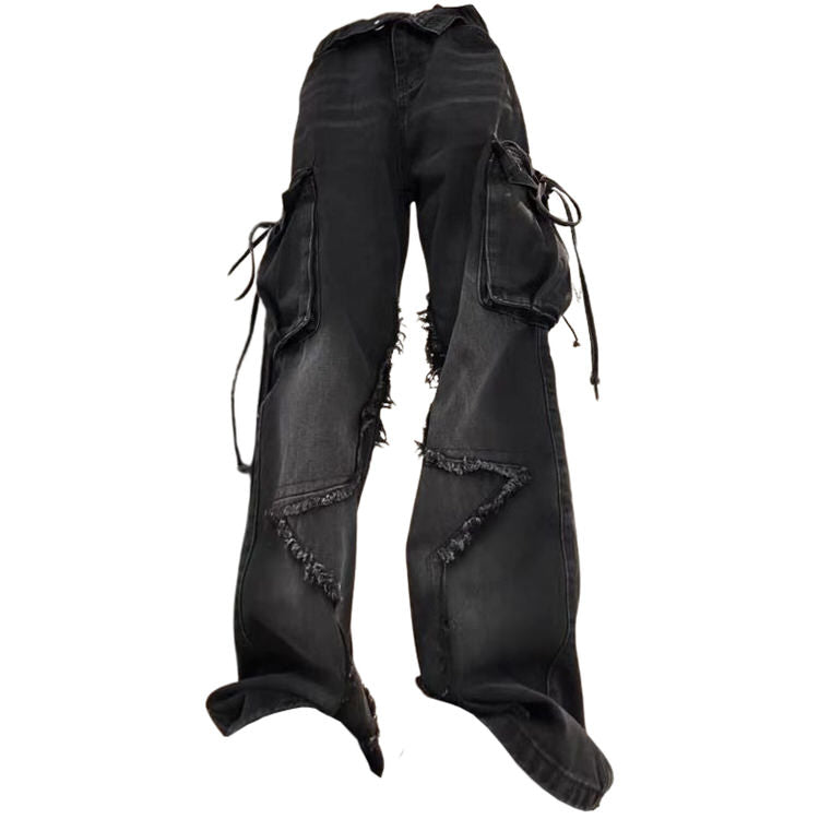 BLACK DISTRESSED CARGO PANTS FOR MEN