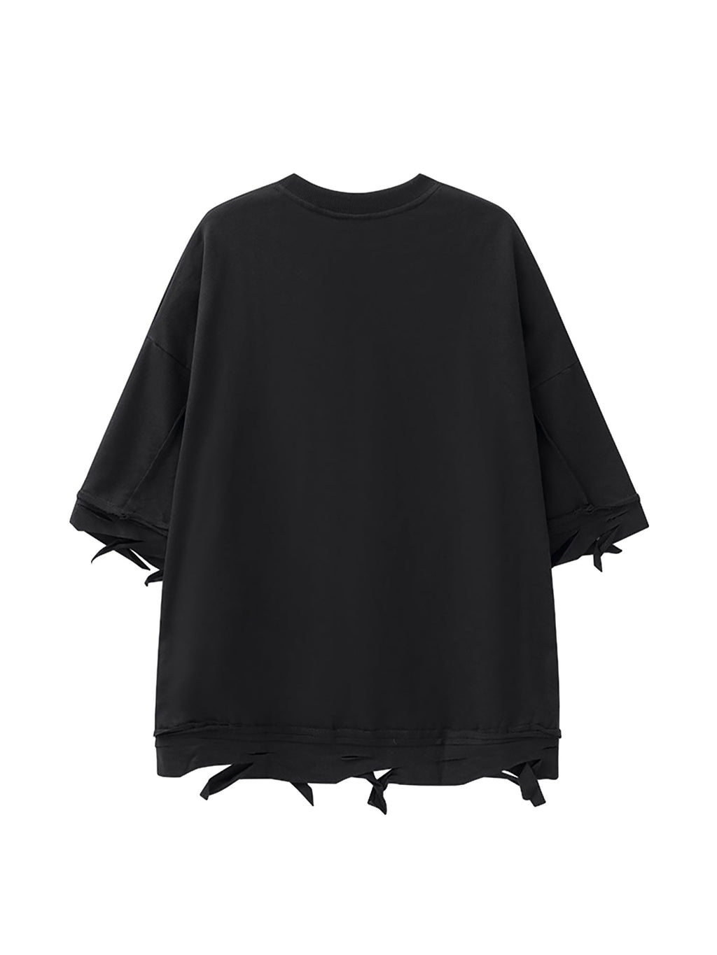 BLACK DISTRESSED SHORT SLEEVE T-SHIRT WITH ROUND COLLAR AND LOOSE FIT
