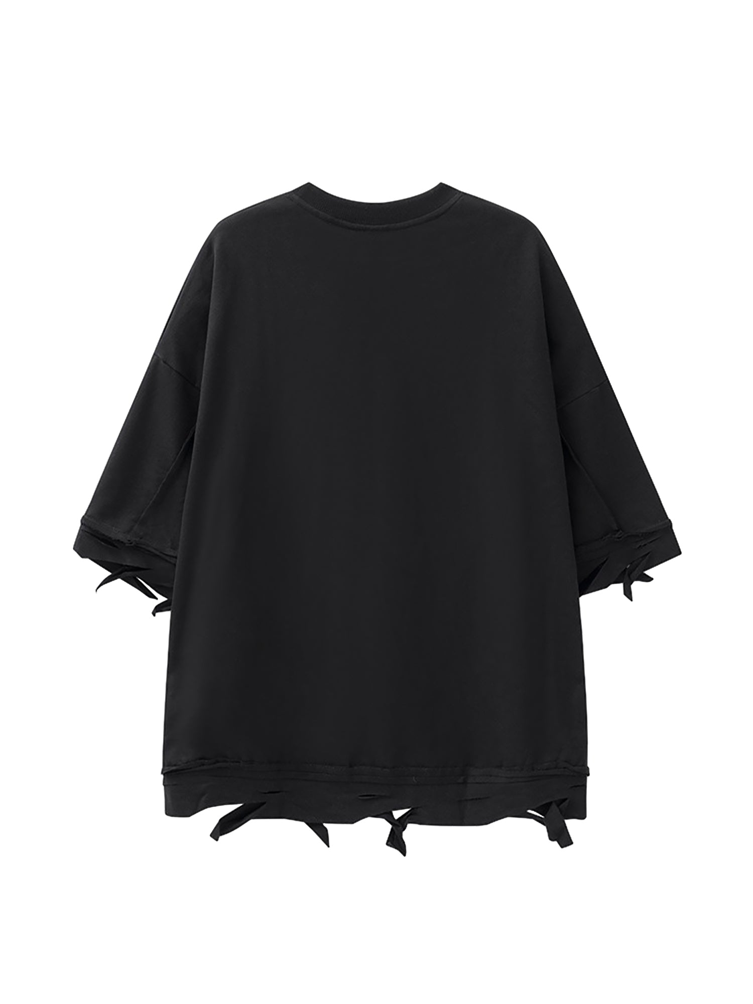 BLACK DISTRESSED SHORT SLEEVE T-SHIRT WITH ROUND COLLAR AND LOOSE FIT