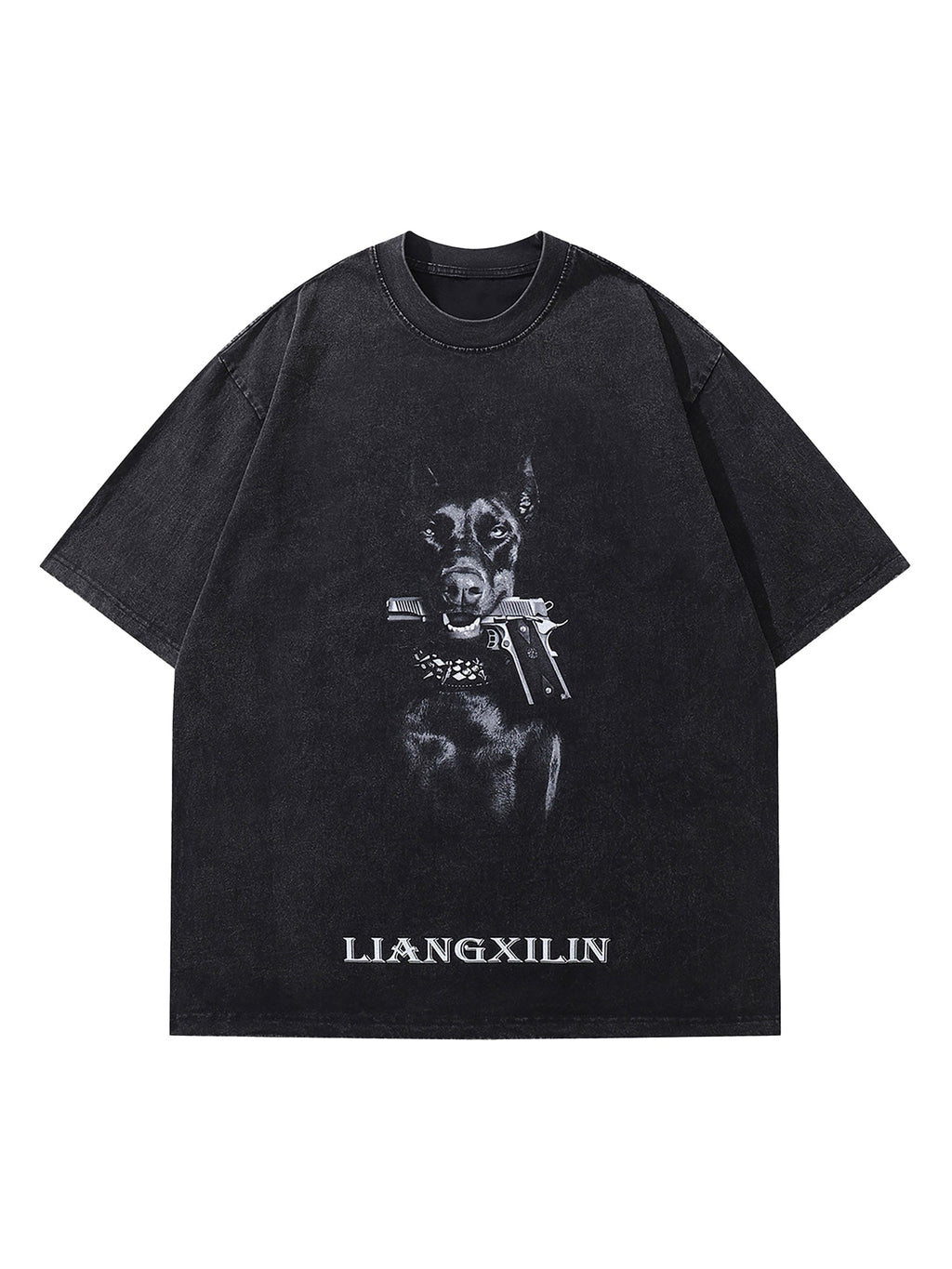 BLACK DOG AND GUN GRAPHIC SHORT SLEEVE PULLOVER T-SHIRT