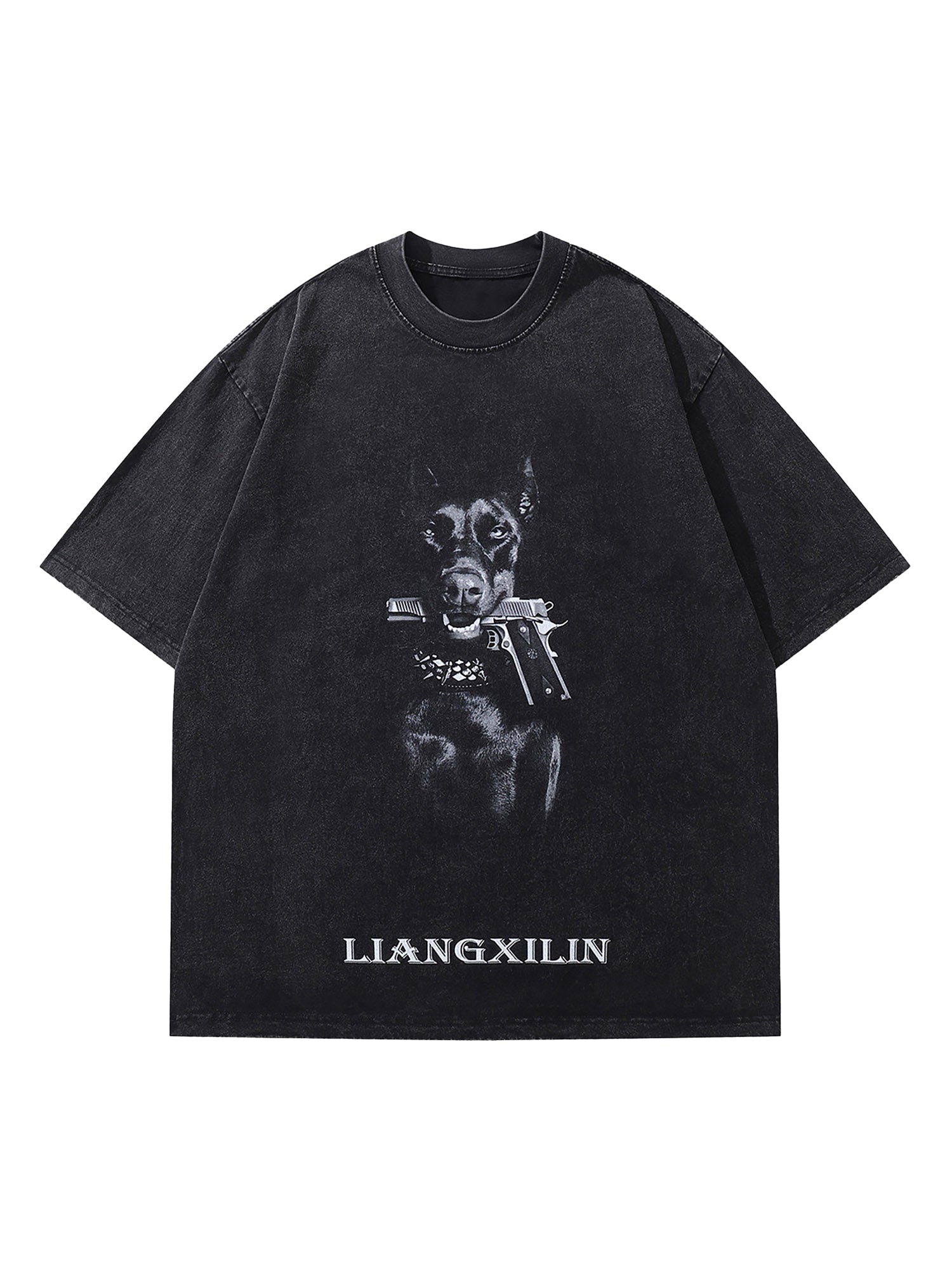 BLACK DOG AND GUN GRAPHIC SHORT SLEEVE PULLOVER T-SHIRT