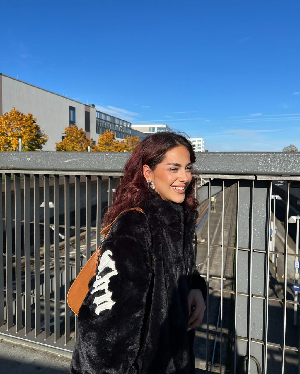 BLACK FAUX FUR JACKET WITH LONG SLEEVE AND STAND COLLAR