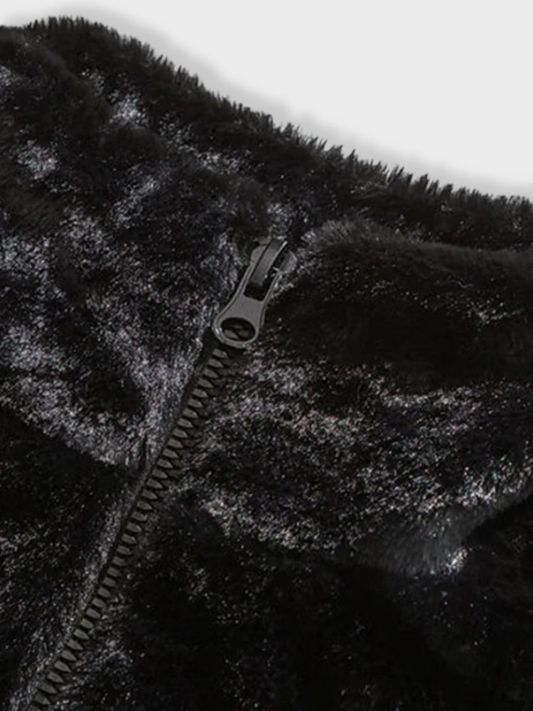 BLACK FAUX FUR JACKET WITH WHITE ACCENTS STREET LETTER FLEECE