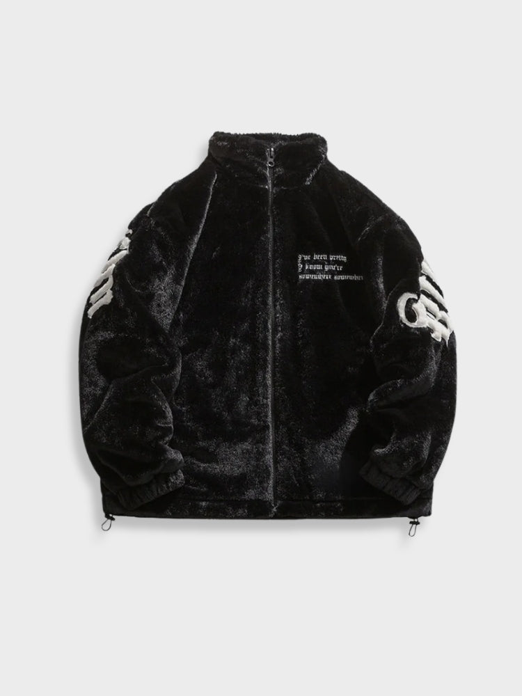 BLACK FAUX FUR JACKET WITH WHITE ACCENTS STREET LETTER FLEECE