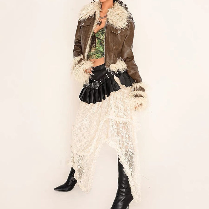 BLACK FAUX LEATHER PLEATED MINI SKIRT WITH STUDDED BELT