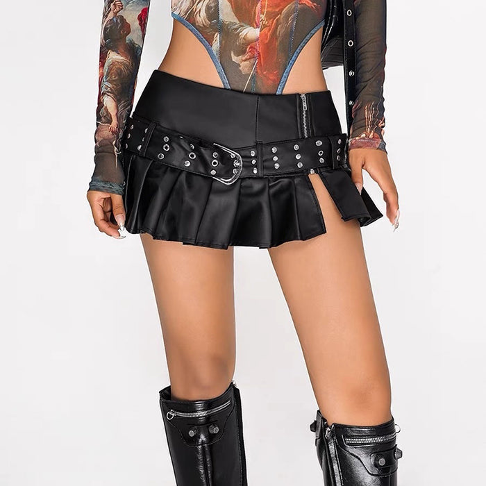 BLACK FAUX LEATHER PLEATED MINI SKIRT WITH STUDDED BELT