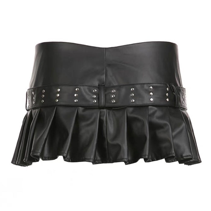 BLACK FAUX LEATHER PLEATED MINI SKIRT WITH STUDDED BELT