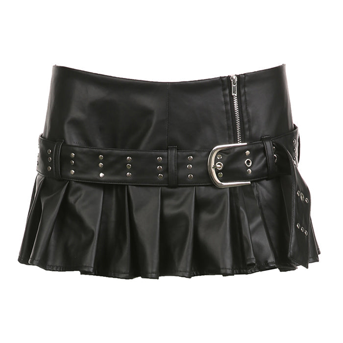 BLACK FAUX LEATHER PLEATED MINI SKIRT WITH STUDDED BELT