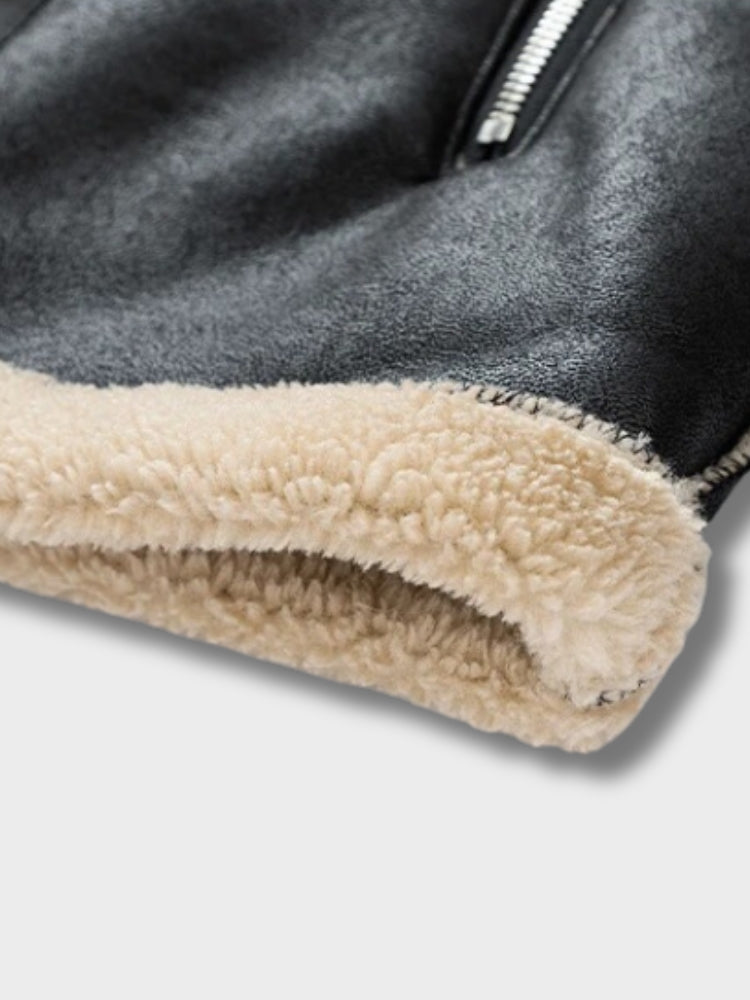 BLACK FAUX LEATHER SHEARLING JACKET - STYLISH LEATHER WINTER JACKET