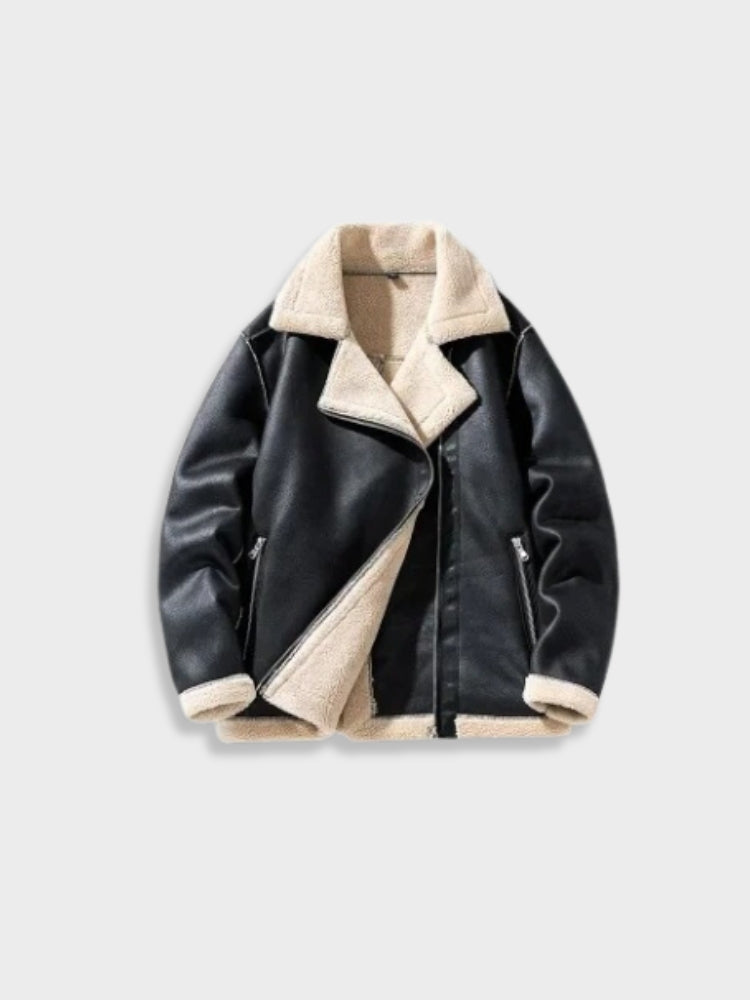 BLACK FAUX LEATHER SHEARLING JACKET - STYLISH LEATHER WINTER JACKET
